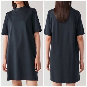 COS Boxy Mock Neck Dress In Blue pockets 6